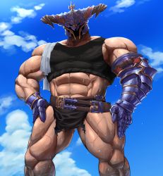 Rule 34 | 1boy, abs, absurdres, alternate costume, bara, bare shoulders, black tank top, day, draph, facing viewer, feet out of frame, gauntlets, granblue fantasy, helmet, highres, horns, large pectorals, male focus, midriff, muscular, muscular male, musou luf, navel, outdoors, pectorals, pelvic curtain, sky, solo, stomach, tank top, thick thighs, thighs, torn clothes, vaseraga, veins, wet, wet clothes