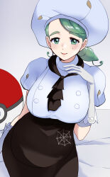 Rule 34 | 1girl, absurdres, apron, ascot, breasts, brown ascot, brown skirt, buttons, chef hat, creatures (company), double-breasted, game freak, gloves, hat, highres, indoors, katy (pokemon), large breasts, light green hair, nintendo, pokemon, pokemon sv, puffy short sleeves, puffy sleeves, short hair, short sleeves, side ponytail, skirt, spider web print, tetsuji (i ttj f c), waist apron, white gloves