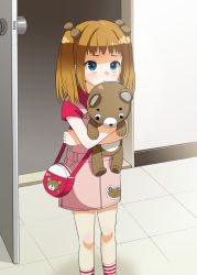 Rule 34 | bag, brown hair, child, mattaku mousuke, overalls, short twintails, socks, solo, striped clothes, striped socks, stuffed animal, stuffed toy, tears, teddy bear, twintails