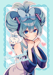 Rule 34 | &gt; o, 1girl, amagi hana, aqua hair, aqua nails, armpit crease, bare shoulders, bent over, black sleeves, blue bow, blue eyes, blue necktie, border, bow, character name, cinnamiku, cinnamoroll, clenched hands, collared shirt, detached sleeves, diagonal stripes, dot nose, double bun, ear bow, fingernails, hair between eyes, hair bow, hair bun, hands up, hatsune miku, headset, heart, heart background, highres, lace, lace border, blue background, looking at viewer, nail polish, necktie, one eye closed, ornate border, outline, own hands together, parted lips, sanrio, shirt, sidelocks, simple background, sleeveless, sleeveless shirt, solo, striped, striped background, tie clip, updo, upper body, vocaloid, white outline, white shirt, wide sleeves