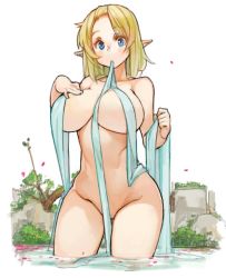Rule 34 | 1girl, blonde hair, blue eyes, blush, breasts, curvy, elf, large breasts, looking at viewer, mouth hold, original, petals, pointy ears, sachito, short hair, soaking feet, solo, tree