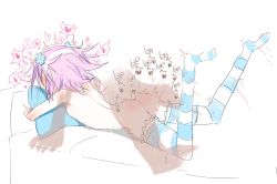 Rule 34 | 1girl, anal, ass, bad id, bad twitter id, blush, breasts, d-pad, d-pad hair ornament, ear blush, full body, hair ornament, heart, hugging object, legs up, lying, motion lines, neptune (neptunia), neptune (series), nude, on stomach, pillow, pillow hug, purple hair, sex, short hair, simple background, small breasts, solo focus, striped clothes, striped thighhighs, sumomo (raviklx50uc2r2d), text focus, thighhighs, trembling, white background