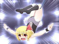 Rule 34 | 1girl, alternate costume, black leotard, blonde hair, blush, boots, circus, fangs, female focus, full body, hair ribbon, knee boots, leotard, open mouth, outstretched arms, red eyes, ribbon, rumia, shirosato, short hair, smile, solo, touhou, trapeze (object), upside-down, wrist cuffs
