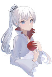 Rule 34 | 1girl, :/, absurdres, apple, blouse, blue eyes, blush, closed mouth, commentary, cropped jacket, cropped torso, english commentary, food, fruit, hair ornament, highres, holding, holding food, holding fruit, jewelry, long hair, looking at viewer, mican12996453, necklace, ponytail, rwby, scar, scar across eye, shirt, simple background, solo, tiara, upper body, weiss schnee, white background, white shirt