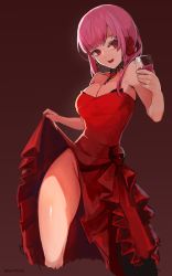 Rule 34 | 1girl, absurdres, alcohol, artist name, bare shoulders, breasts, cleavage, clothes lift, cup, dress, dress lift, drinking glass, earrings, eyelashes, gradient background, hair ornament, hand up, highres, hololive, hololive english, holomyth, jewelry, large breasts, lipstick, looking at viewer, makeup, mori calliope, necklace, no panties, pink hair, red background, red dress, red eyes, reviolet613, simple background, skull, smile, solo, teeth, thighs, tongue, virtual youtuber, wine, wine glass