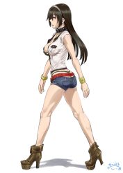 Rule 34 | 10s, 1girl, alternate costume, ankle boots, artist name, ass, bare shoulders, belt, bikini, black collar, blue shorts, boots, bracelet, braid, breast pocket, breasts, brown eyes, brown footwear, brown hair, collar, denim, denim shorts, earrings, fingernails, from side, full body, green bikini, grey hairband, hairband, high heel boots, high heels, highres, jewelry, kantai collection, large breasts, long hair, medium breasts, nagato (kancolle), necklace, o-ring, o-ring bikini, o-ring bottom, open mouth, pocket, red belt, shirt, shoes, short shorts, shorts, sideboob, sideways mouth, simple background, sleeveless, sleeveless shirt, solo, standing, stud earrings, studded belt, suna (sandworks), swimsuit, thong, unbuttoned, unbuttoned shirt, walking, whale tail (clothing), white background, white shirt
