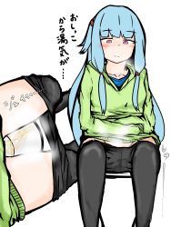 Rule 34 | 1girl, bathroom, black pantyhose, blue hair, blue shirt, blush, breasts, breath, clochetteravine, clothes pull, from above, green hoodie, highres, hood, hoodie, kotonoha aoi, long hair, long sleeves, looking down, lower body, medium breasts, multiple views, pantyhose, pantyhose pull, peeing, pink eyes, ponytail, shirt, side ponytail, sitting, sleeves past wrists, steam, toilet, toilet use, voiceroid