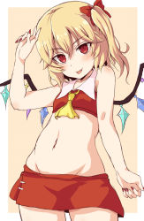 Rule 34 | 1girl, arm up, ascot, bikini, blonde hair, bow, breasts, cowboy shot, crystal, fang, flandre scarlet, groin, hair bow, highres, looking at viewer, nail polish, naname ushiro, navel, one side up, red bikini, red bow, red eyes, red nails, short hair, simple background, small breasts, solo, standing, swimsuit, tongue, tongue out, touhou, wings, yellow ascot, yellow background