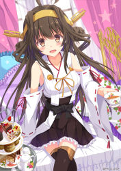 Rule 34 | &gt;:d, 10s, 1girl, :d, ahoge, bed, brown eyes, brown hair, cake, cup, detached sleeves, food, hairband, highres, holding, kantai collection, kongou (kancolle), crossed legs, looking at viewer, nontraditional miko, open mouth, pillow, sitting, smile, solo, takanashi haruto, teacup, thighhighs, v-shaped eyebrows, zettai ryouiki