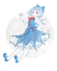 Rule 34 | 1girl, adapted costume, blue eyes, blue footwear, blue hair, cirno, dress, full body, hair ribbon, layered dress, long sleeves, looking at viewer, mary janes, matching hair/eyes, open mouth, pantyhose, ribbon, shoes, short hair, simple background, skirt, snowflakes, solo, striped clothes, striped skirt, touhou, tsukimiya kamiko, white pantyhose, wings