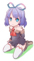 Rule 34 | 1girl, arm support, ascot, black dress, blue eyes, blue hair, blush, dress, hair ribbon, hand on own chest, looking at viewer, matching hair/eyes, original, print thighhighs, ribbon, seiza, shoes, short hair, sitting, smile, solo, thighhighs, uni mate, white background, white thighhighs