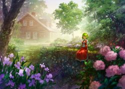Rule 34 | 1girl, ascot, blurry, blurry foreground, building, chimney, commentary request, dappled sunlight, day, depth of field, flower, forest, frilled skirt, frills, grass, green hair, highres, house, kazami yuuka, light rays, long skirt, long sleeves, looking at viewer, miso pan, nature, outdoors, pink flower, plaid, plant, purple flower, red eyes, red skirt, rose, scenery, shirt, short hair, sidelocks, sitting, skirt, solo, sunbeam, sunlight, touhou, tree, very wide shot, white shirt, wide shot, wing collar