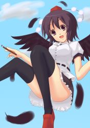 Rule 34 | 1girl, black hair, cloud, day, feathers, female focus, looking at viewer, open mouth, panties, ponishi., shameimaru aya, short hair, sky, smile, solo, thighhighs, touhou, underwear, wings