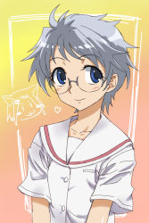 Rule 34 | 00s, blue eyes, glasses, grey hair, michael f91, saki (manga), school uniform, serafuku, short hair, solo, yoshitome miharu