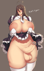 Rule 34 | 1girl, aa megami-sama, ahoge, alternate breast size, alternate costume, bar censor, blush, breasts, breasts out, brown eyes, brown hair, censored, cleavage, clothes lift, cowboy shot, curvy, dress, elbow gloves, enmaided, erection, full-package futanari, futanari, gloves, grey background, hair between eyes, highres, huge breasts, large areolae, large penis, legs together, lifted by self, long hair, looking at viewer, maid, nipples, no bra, no panties, penis, plump, self exposure, simple background, skirt, skirt lift, skuld (aa megami-sama), smile, solo, standing, sweat, testicles, thick thighs, thighhighs, thighs, waterproof-pigeon, white gloves, white thighhighs, wide hips