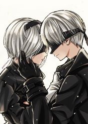 Rule 34 | 1boy, 1girl, artist name, black blindfold, black choker, black gloves, black hairband, black jacket, blindfold, choker, commentary, covered eyes, facing another, gloves, hairband, hand in own hair, jacket, nier (series), nier:automata, short hair, signature, silver hair, simple background, sugano manami, tears, white background, 2b (nier:automata), 9s (nier:automata)