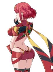 Rule 34 | 1girl, arched back, armor, ass, back, black thighhighs, blush, breasts, butt crack, closed eyes, cowboy shot, duplicate, earrings, fingerless gloves, gem, gloves, headpiece, highres, jewelry, large breasts, nintendo, pyra (xenoblade), red hair, red shorts, shimure (460), short hair, short shorts, shorts, shoulder armor, simple background, skindentation, smile, solo, swept bangs, thighhighs, tiara, undersized clothes, white background, xenoblade chronicles (series), xenoblade chronicles 2