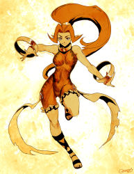 Rule 34 | 1girl, bangle, bracelet, breasts, dancing, dark skin, dark-skinned female, din, genzoman, hair intakes, jewelry, large breasts, long hair, lots of jewelry, navel, neck ring, nintendo, pointy ears, red hair, sandals, skin tight, sleeveless, smile, solo, the legend of zelda, the legend of zelda: oracle of seasons, toes, toned, unitard, very long hair