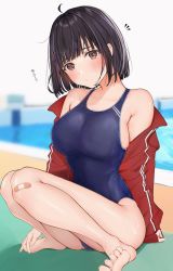 Rule 34 | 1girl, bandaid, bandaid on knee, bandaid on leg, barefoot, black hair, blue sky, blue one-piece swimsuit, blurry, bob cut, breasts, brown eyes, cloud, collarbone, commentary request, competition swimsuit, day, depth of field, highres, jacket, looking at viewer, medium breasts, one-piece swimsuit, original, outdoors, poolside, red jacket, short hair, sitting, sky, solo, swimsuit, track jacket, uiri-na