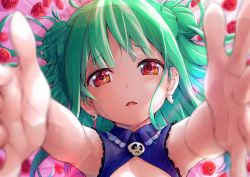 Rule 34 | 1girl, blurry, depth of field, double bun, earrings, floral print, flower, green eyes, hair bun, hololive, jewelry, looking at viewer, lying, on back, open mouth, outstretched arms, red eyes, rose, skull earrings, sleeveless, solo, tarunyan, uruha rushia, virtual youtuber