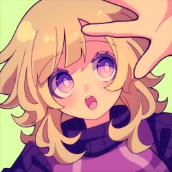 Rule 34 | 1girl, arm up, blonde hair, blush, colored eyelashes, curly hair, double-parted bangs, flipped hair, green background, head tilt, highres, looking to the side, medium bangs, medium hair, open mouth, portrait, purple eyes, purple sweater, raised eyebrows, rueruechn, shadow, sidelocks, simple background, solo, sweater, teeth, turtleneck, turtleneck sweater, unusually open eyes, upper teeth only, urotsuki, yume 2kki