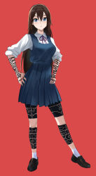 1girl arm_tattoo black_footwear blue_dress blue_eyes blush brown_hair character_request dress full_body hand_tattoo hands_on_own_hips highres leg_tattoo long_hair omeletricetaro3 original red_background shirt shoes simple_background smile socks solo standing tattoo white_shirt white_socks