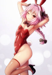 Rule 34 | 1boy, alternate costume, animal ears, armpits, arms behind head, astolfo (fate), bare shoulders, blush, bow, bowtie, braid, bulge, covered navel, fake animal ears, fang, fate/apocrypha, fate/grand order, fate (series), fishnet thighhighs, fishnets, hair bow, high heels, highres, leotard, long hair, looking at viewer, male focus, male playboy bunny, one eye closed, pink hair, playboy bunny, rabbit ears, rabbit tail, red eyes, red thighhighs, shimashima salmon, single braid, smile, solo, tail, thighhighs, trap