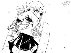 Rule 34 | 1girl, anchor symbol, commentary request, cowboy shot, darkside, greyscale, hair ornament, hairclip, ikazuchi (kancolle), kantai collection, lineart, machinery, monochrome, neckerchief, pleated skirt, school uniform, serafuku, shield, short hair, skirt, solo, standing, thighhighs, torpedo launcher