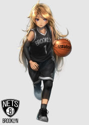 Rule 34 | 1girl, azur lane, ball, basketball, basketball (object), basketball uniform, blonde hair, brooklyn (azur lane), brooklyn nets, chris mccullough, d&#039;angelo russell, dribbling (basketball), full body, grey background, highres, logo, long hair, looking at viewer, name connection, national basketball association, nike (company), pantyhose, pantyhose under shorts, shoes, shorts, simple background, sneakers, sportswear, yakkuro