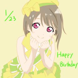 Rule 34 | 1girl, artist name, artist request, bare shoulders, blush, bow, breasts, brown hair, clenched hands, collarbone, crescent, crescent hair ornament, cross-laced clothes, cross-laced dress, diamond (love live!), dress, feathers, female focus, frilled dress, frills, green bow, green ribbon, grey hair, hair ornament, hat, hat feather, kamisuke (kamisuke85), light brown hair, looking at viewer, love live!, love live! nijigasaki high school idol club, love live! school idol festival, nakasu kasumi, parted lips, purple eyes, red eyes, ribbon, short hair, skirt, smile, solo, star (symbol), star hair ornament, white feathers, wrist cuffs, yellow bow, yellow dress, yellow hat, yellow ribbon, yellow skirt, yellow wrist cuffs