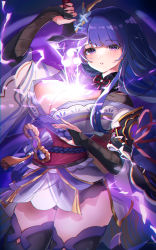 Rule 34 | 1girl, absurdres, amefukura art, armor, blush, braid, breasts, bridal gauntlets, cleavage, commentary request, electricity, floral print, flower, genshin impact, hair ornament, highres, holding, holding sword, holding weapon, human scabbard, japanese clothes, kimono, large breasts, long hair, long sleeves, looking at viewer, mitsudomoe (shape), mole, mole under eye, nail polish, obi, obiage, obijime, open mouth, purple eyes, purple flower, purple hair, purple nails, purple thighhighs, raiden shogun, ribbon, sash, shoulder armor, skindentation, solo, sword, tassel, thighhighs, tomoe (symbol), weapon, wide sleeves