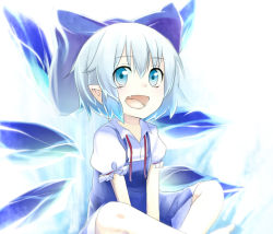 Rule 34 | 1girl, blue dress, blue eyes, blue hair, bow, cirno, dress, fang, hair bow, ice, ice wings, indian style, mantarou (shiawase no aoi tori), matching hair/eyes, open mouth, pointy ears, puffy short sleeves, puffy sleeves, shirt, short sleeves, sitting, smile, solo, touhou, v arms, wings