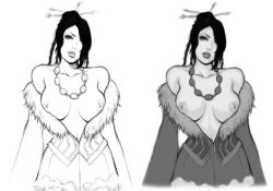Rule 34 | 00s, 1girl, bare shoulders, black hair, breasts, breasts out, dress, eyeshadow, final fantasy, final fantasy x, fur trim, greyscale, hair ornament, hair over one eye, hair stick, inverted nipples, jewelry, large breasts, lineart, lips, lipstick, lm (legoman), long hair, lulu (ff10), makeup, mole, mole under mouth, monochrome, navel, necklace, nipples, no bra, solo, square enix, strapless, strapless dress