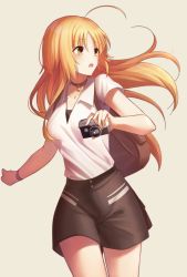 Rule 34 | 1girl, 428, ahoge, bad id, bad pixiv id, black shorts, blonde hair, brown choker, camera, canaan (series), choker, collarbone, collared shirt, cowboy shot, floating hair, grey background, hair between eyes, highres, holding, holding camera, long hair, looking to the side, okakasushi, oosawa maria, open mouth, shirt, short shorts, short sleeves, shorts, simple background, solo, standing, very long hair, white shirt, wing collar, yellow eyes