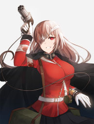 Rule 34 | 1girl, arm up, bad id, bad pixiv id, bandage over one eye, belt, belt buckle, black jacket, black skirt, breasts, buckle, chihuri, commentary request, fate/grand order, fate (series), florence nightingale (fate), florence nightingale (third ascension) (fate), gloves, grey background, gun, hair between eyes, handgun, holding, holding gun, holding weapon, jacket, jacket on shoulders, large breasts, light brown hair, long hair, long sleeves, looking at viewer, multiple-barrel firearm, parted lips, pepper-box, pepper-box revolver, pleated skirt, red eyes, red jacket, revolver, sidearm, simple background, skirt, smile, solo, weapon, white belt, white gloves