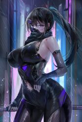 Rule 34 | 1girl, absurdres, bare shoulders, black hair, black scarf, blood, blurry, blurry background, breasts, broken mask, commentary request, cowboy shot, cuts, detached sleeves, fingerless gloves, fishnets, gloves, high ponytail, highres, holding, holding sword, holding weapon, injury, large breasts, lillly, long hair, looking at viewer, mask, navel, ninja, original, purple eyes, scarf, sidelocks, skin tight, sleeveless, sword, torn clothes, weapon