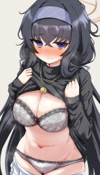 Rule 34 | 1girl, alternate breast size, black hair, black shirt, blue archive, blue hairband, blush, bra, breasts, cleavage, closed mouth, clothes lift, cowboy shot, grey bra, grey panties, hair between eyes, hairband, halo, highres, large breasts, lifted by self, long hair, long sleeves, looking at viewer, machismo fuji, navel, panties, purple eyes, shirt, shirt lift, simple background, solo, ui (blue archive), underwear