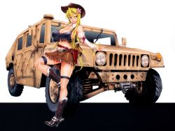 Rule 34 | 1girl, absurdres, blonde hair, boots, breasts, cosplay, covered erect nipples, cowboy boots, cowboy hat, cowboy western, female focus, happy, hat, highres, highschool of the dead, humvee, large breasts, marikawa shizuka, motor vehicle, panties, satou shouji, smile, solo, standing, tire, underwear, vehicle