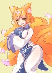 Rule 34 | 1girl, animal ears, blonde hair, breasts, dress, female focus, fox ears, fox tail, grin, hands in opposite sleeves, large breasts, long sleeves, looking at viewer, multiple tails, nama shirasu, smile, solo, tabard, tail, touhou, white dress, wide sleeves, yakumo ran, yellow eyes