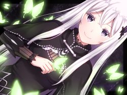 Rule 34 | 1girl, akito (yukiseakito), black capelet, black dress, breasts, bug, butterfly, butterfly hair ornament, capelet, closed mouth, commentary request, crossed bangs, dress, dutch angle, echidna (re:zero), glowing butterfly, hair between eyes, hair ornament, insect, long hair, long sleeves, looking at viewer, medium breasts, purple eyes, re:zero kara hajimeru isekai seikatsu, silver hair, smile, solo, upper body