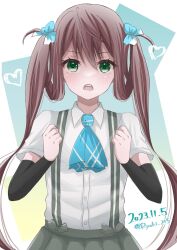 Rule 34 | 1girl, aqua background, arm warmers, asagumo (kancolle), ascot, blue ascot, blush, brown hair, dated, gradient background, green eyes, grey skirt, hair ribbon, highres, kantai collection, long hair, open mouth, pleated skirt, ribbon, ryouki (ryoki 215), school uniform, shirt, skirt, solo, suspenders, twintails, twitter username, upper body, white background