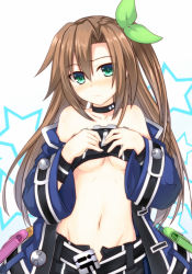 Rule 34 | 10s, 1girl, bare shoulders, belt, blush, breasts, brown hair, character name, choker, clothes lift, coat, collarbone, covering privates, covering breasts, female focus, fuji kakei, green eyes, groin, hair ornament, hair ribbon, if (neptunia), long hair, long sleeves, looking at viewer, navel, neptune (series), nose blush, off shoulder, open belt, open clothes, ponytail, ribbon, shirt, shirt lift, side ponytail, solo, star (symbol), stomach, tears, underboob, white background, wide sleeves, wristband