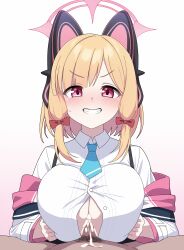 Rule 34 | 1boy, 1girl, absurdres, alternate breast size, animal ear headphones, animal ears, blonde hair, blue archive, blue necktie, blush, bow, breasts, collared shirt, cum, fake animal ears, gradient background, grin, hair bow, halo, headphones, highres, large breasts, long sleeves, looking at viewer, male pubic hair, momoi (blue archive), motion lines, necktie, paizuri, penis, pink halo, pubic hair, red bow, red eyes, shirt, short hair, smile, vector (dmlddmld00), white shirt
