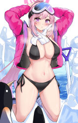 Rule 34 | 1girl, absurdres, arms up, bikini, bird, black bikini, blue archive, blue eyes, breasts, commentary, eimi (blue archive), eimi (swimsuit) (blue archive), english commentary, eyewear on head, goggles, halo, highres, ice, jacket, kneehighs, large breasts, long hair, looking at viewer, navel, official alternate costume, open clothes, open jacket, penguin, pink-tinted eyewear, pink hair, pink halo, pink jacket, ponytail, purple eyes, scarf, sekkno, side-tie bikini bottom, ski goggles, socks, solo, swimsuit, tinted eyewear, tying hair, white scarf