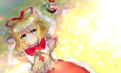 Rule 34 | 1girl, blonde hair, blue eyes, bow, doll, dqn (dqnww), dress, female focus, flower, hair bow, hair ribbon, lily of the valley, lying, medicine melancholy, on back, open mouth, ribbon, short hair, smile, solo, string, string of fate, su-san, touhou, wings