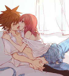 Rule 34 | 1boy, 1girl, brown hair, clothed sex, cowgirl position, cum, cum on clothes, closed eyes, girl on top, hetero, imminent kiss, kairi (kingdom hearts), kingdom hearts, kiss, kneehighs, looking at another, off shoulder, open clothes, open shirt, pants, plaid, plaid pants, plaid skirt, pleated skirt, ramochi (auti), red hair, school uniform, sex, skirt, socks, sora (kingdom hearts), straddling