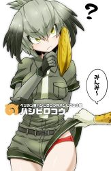 Rule 34 | 10s, 1girl, ?, aono3, belt, black gloves, body offscreen, bodystocking, breasts, confused, cowboy shot, eyes visible through hair, finger to own chin, fingerless gloves, gloves, grey hair, hair between eyes, head tilt, hip focus, kemono friends, layered clothes, looking at another, looking to the side, medium breasts, necktie, panties, pantyshot, red panties, serval (kemono friends), serval print, shoebill (kemono friends), short hair, short sleeves, shorts lift, solo, solo focus, thigh gap, thighs, translation request, underwear, white necktie