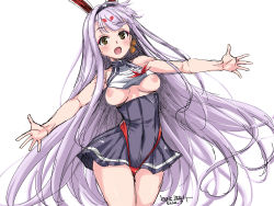 Rule 34 | 1girl, :d, absurdres, animal ears, azur lane, bare shoulders, blush, breasts, covered navel, eyeliner, hairband, highres, hikimayu, long hair, looking at viewer, makeup, nipples, open mouth, outstretched arms, purple hair, rabbit ears, shimakaze (azur lane), simple background, sketch, skirt, smile, solo, umyonge (lkakeu), white background