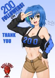 Rule 34 | 1girl, 2022, absurdres, artist logo, artist name, blue hair, breasts, brown shorts, cleavage, english text, female focus, green hair, hand on own hip, high school dxd, highres, jacket, large breasts, legs, looking at viewer, midriff, multicolored hair, navel, open clothes, open jacket, open mouth, short hair, shorts, smile, solo, standing, streaked hair, tank top, thighs, tongue, v, xenovia quarta, yellow eyes