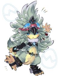 Rule 34 | 1girl, ^^^, aqua pupils, arm at side, arm up, bad id, bad pixiv id, bare shoulders, belt, bird tail, black legwear, black shirt, bottomless, claws, crop top, detached sleeves, digitigrade, feather hair, feathers, finch (xenoblade), flat chest, full body, fur collar, gem, goggles, goggles on head, highres, leg up, long sleeves, monster girl, nintendo, no nose, open mouth, purple eyes, shirt, simple background, sleeveless, sleeveless shirt, sleeves past wrists, solo, sonika (artist), standing, standing on one leg, tail, talons, toeless legwear, tongue, triangle mouth, white background, xenoblade chronicles (series), xenoblade chronicles 2